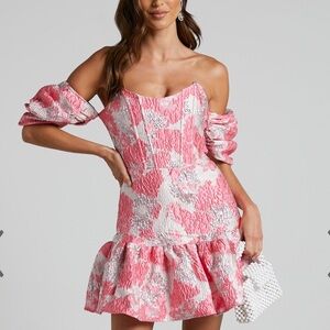 Showpo Pink and White Off-Shoulder Mini Dress